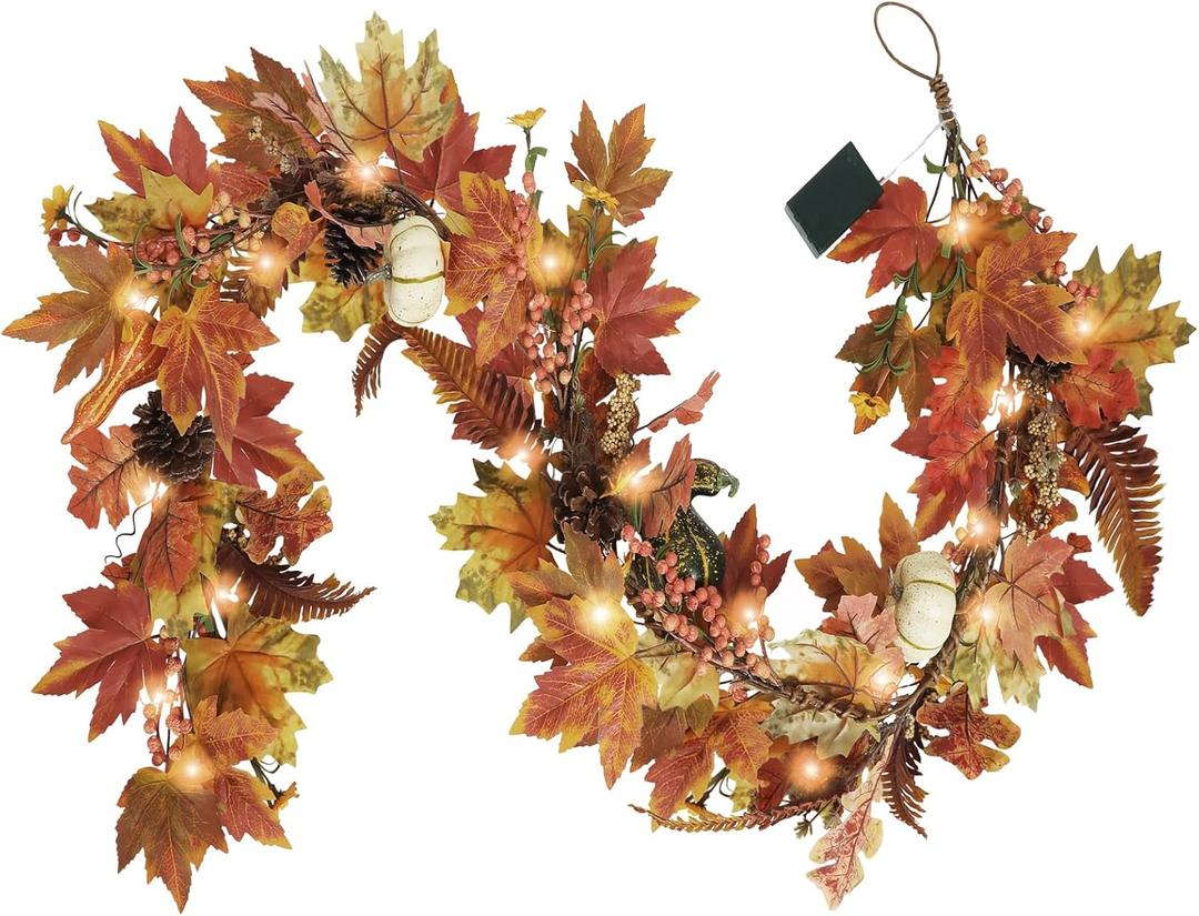 Artgar Fall Garland - 6 Ft Maple Leaf Pumpkin Berry Garland - Fall Decor Garlands with 30 Warming Lights for Thanksgiving Halloween Mantel Table Indoor Outdoor Decor (Style-2)