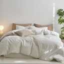 MooMee Striped Duvet Cover Set 100% Washed Cotton Linen Like Textured Breathable Durable Soft Comfy (White Sage Green Wide Stripes, Queen 90"x90")