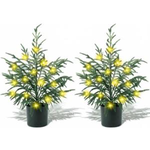 2FT 2Pack Artificial Topiary Trees Outdoor Potted Artificial Plant for Front Porch, UV Resistant Faux Bush Real Touch Pine Trees with Light for Garden, Yard & Patio Decor