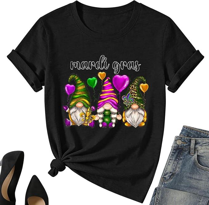 Mardi Gr Gnome Shirt for Women – Fat Tuesday Tee Tops New Orleans Party Short Sleeve M