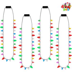 JOYIN 4 Pcs Christmas LED Mini Bulb Necklaces, Xmas Necklace with 26 Bulb Beads & 8 Lightup Beads with 3 Lighting, Light Up Necklaces for Sweater New Year Women Men Family Party Supplies