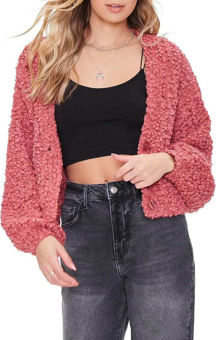 Forever 21 Women's Popcorn Knit Cardigan Sweater (Large, Red)