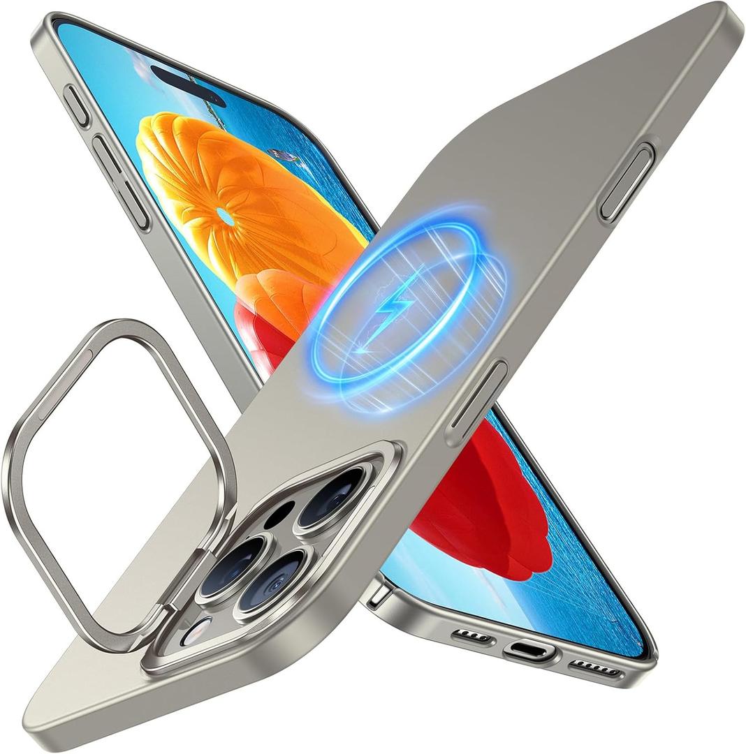TORRAS Magnetic Slim Fit for iPhone 16 Pro Case with Stand, Compatible with MagSafe, Built-in Stash Stand, Ultra Thin 16 Pro Case, Anti-Scratch Matte Hard PC 6.3 inch,Natural Titanium (iPhone 16 Pro, Natural Titanium)