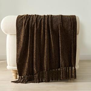 EVERGRACE Soft Chenille Throw Blanket for Couch, Cozy Plush Fuzzy Decorative Chenille Knit Throw Blanket with Tassels, Lightweight Blanket and Throws for Bed Sofa Gift Home Decor, Dark Brown 50"x60"