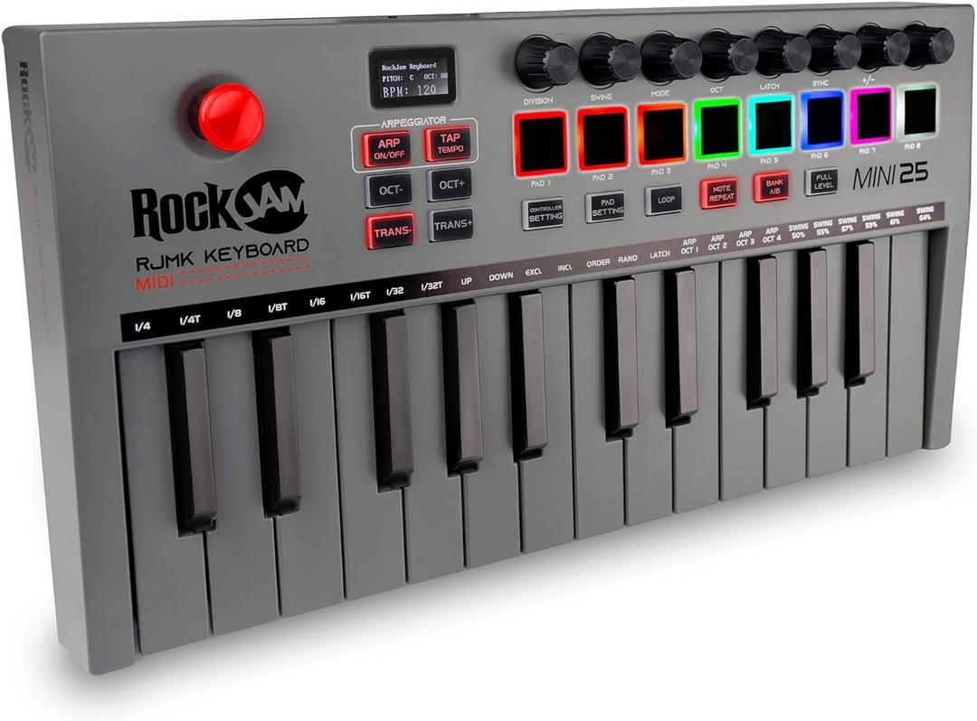 RockJam, Go 25 Key USB and Bluetooth MIDI Keyboard Controller with 8 Backlit Drum Pads, 8 Knobs, One-Size (RJMK25)