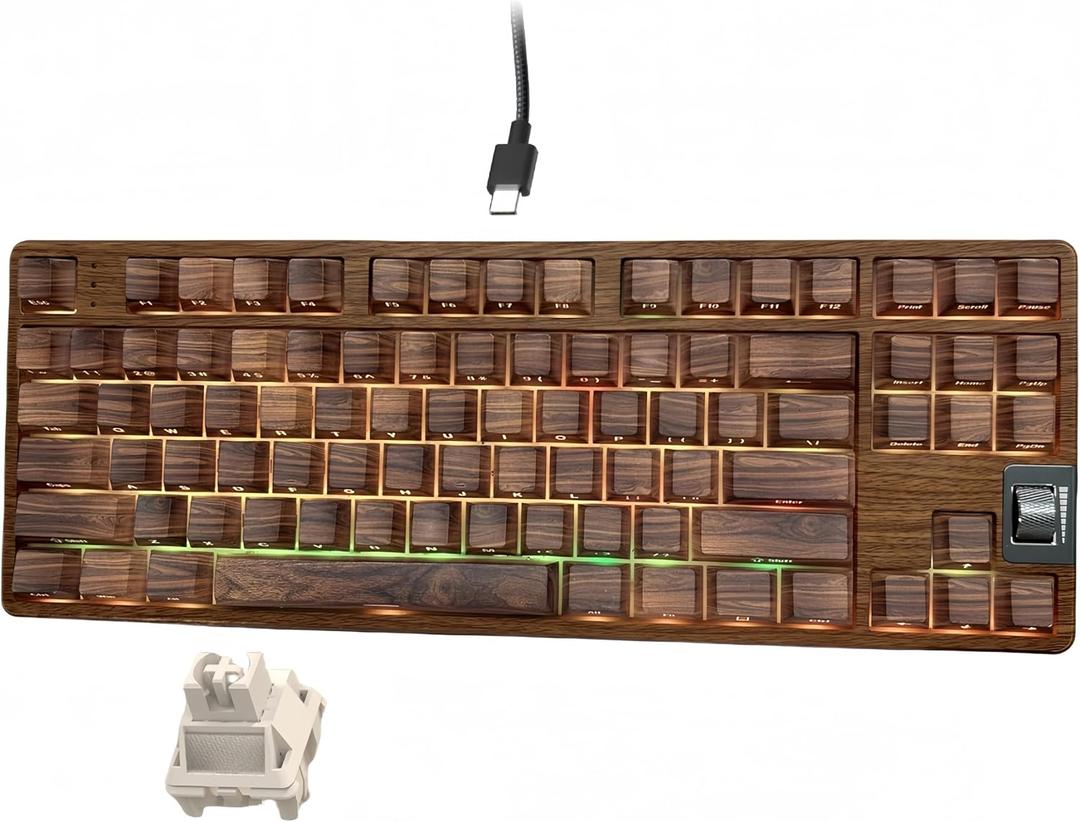 Womier Retro Wired TKL Mechanical Keyboard with Volume Wheel,75% Percent RGB Backlit Gaming Keyboard,Hot Swappable with PBT keycaps,Pre-lubed Stabilizer for Mac/Win,Wood Pattern Theme
