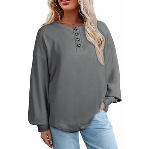 AlvaQ Womens Oversized Sweatshirts Plus Size Casual Loose Long Sleeve Button Up Henley Tops (Gray, XXXL)