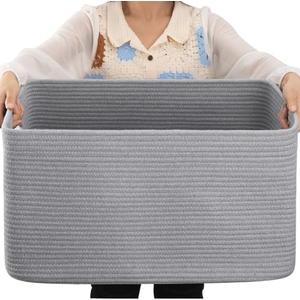 OIAHOMY 75L Large Blanket Basket, Woven Blanket Storage Basket with Handle, Cotton Rope Basket for Organizing 22”x17”x12”, Blanket Basket living Room, Toy Basket for Nursery, Grey