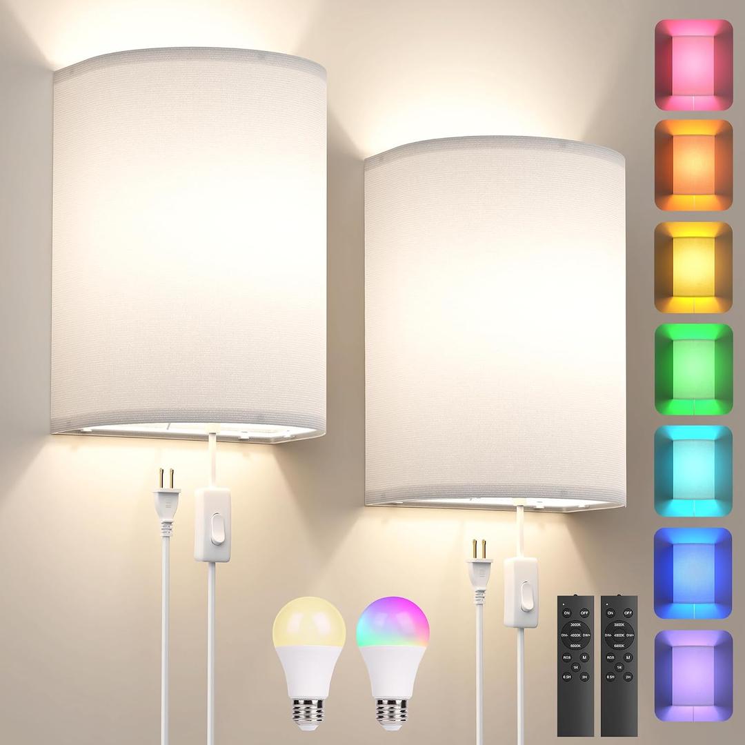 Plug in Wall Sconces Set of Two: Wall Lights with 7 RGB Colors - 3 Color Temperature Wall Mount Lamps with Remote - Fabric Linen Wall Sconc for Bedroom Living Room & Hallway- Indoor Corded Wall Sconce