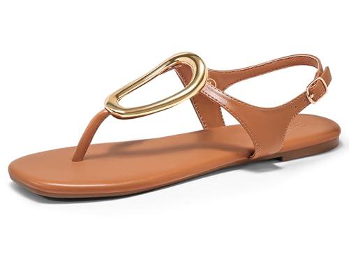 Coutgo Womens Flat Sandals Comfortale Flip Flops Ankle Strap Summer Beach Shoes with Metal Decoration, Brown, size 7