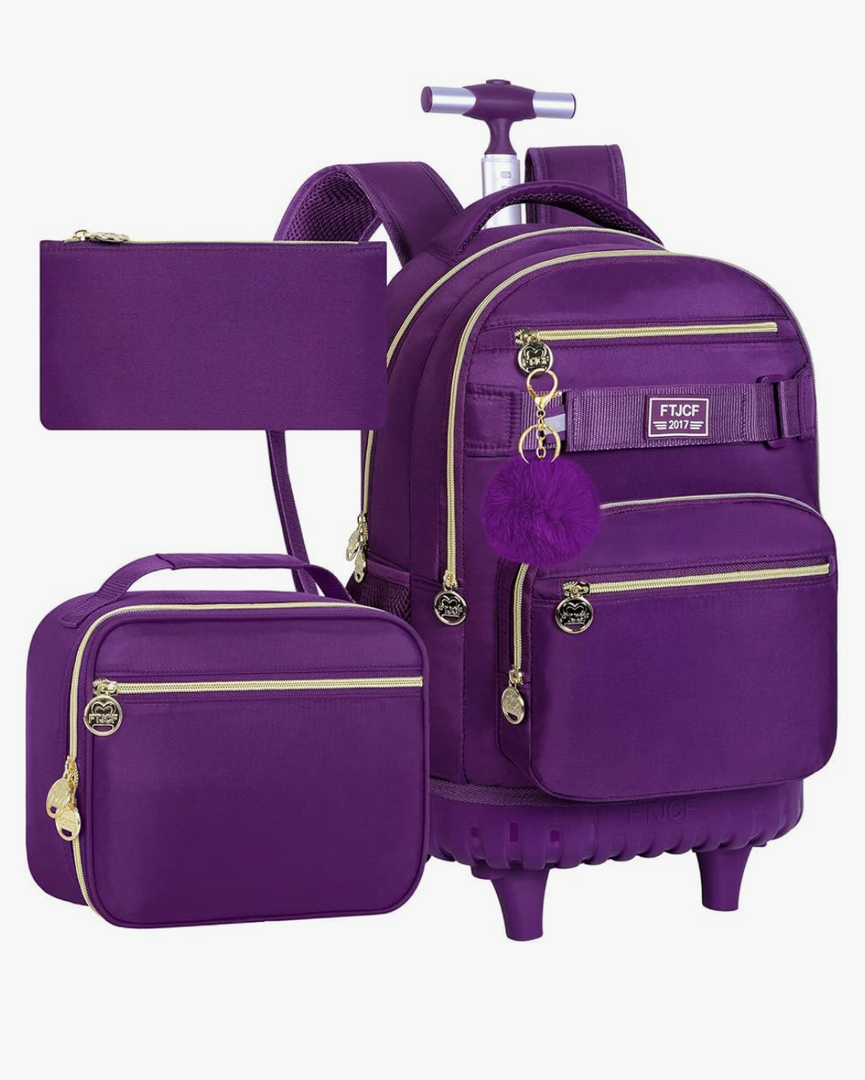 3Pcs Rolling Backpack for Girls Women, 19 Inche Adults Roller Backpacks with Wheels, School Wheeled Bookbag with Lunch Box(Deep Purple)