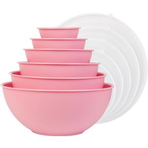 BoxedHome BPA Free Plastic Round Mixing Bowl with Lids, 12 Pack Nesting Bowls with Lids Set, Microwave and Dishwasher Safe Prep & Serving Bowls Great for Mixing, Baking, Serving (Pink, 12pcs)