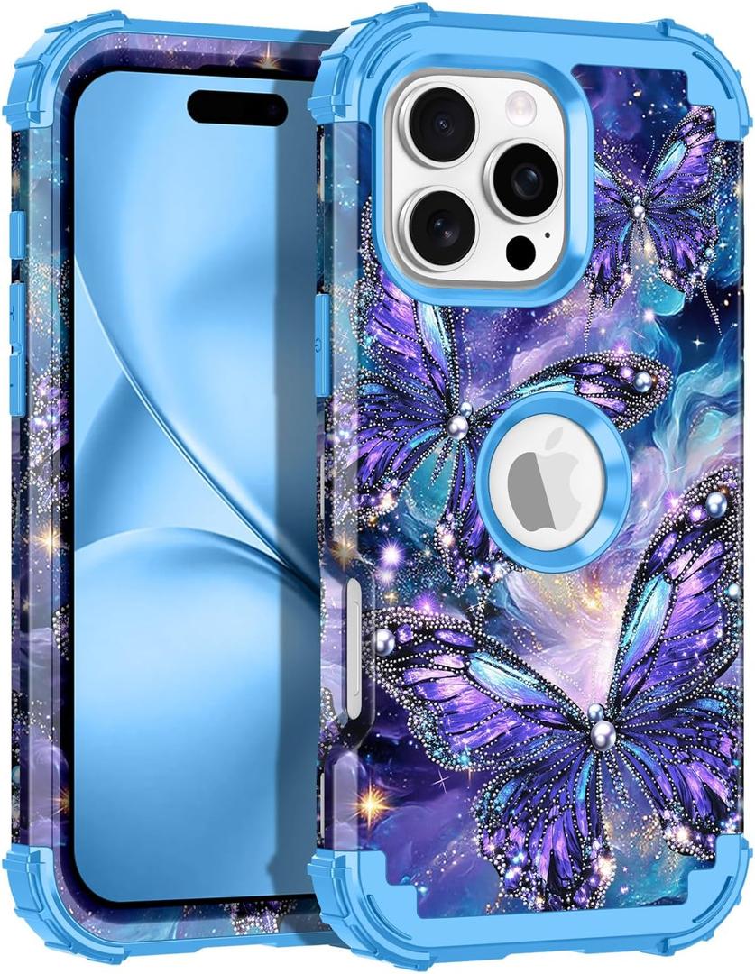 LONTECT for iPhone 16 Pro Max Case Glow in The Dark Three Layer Heavy Duty Shockproof Hard PC+Soft Silicone Rugged Full Body Protective Case for Women Girls,Purple Blue