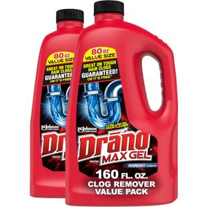 Drano Max Gel Drain Clog Remover and Cleaner for Shower or Sink Drains, Unclogs and Removes Hair, Soap Scum and Blockages, 80 Oz, Pack of 2