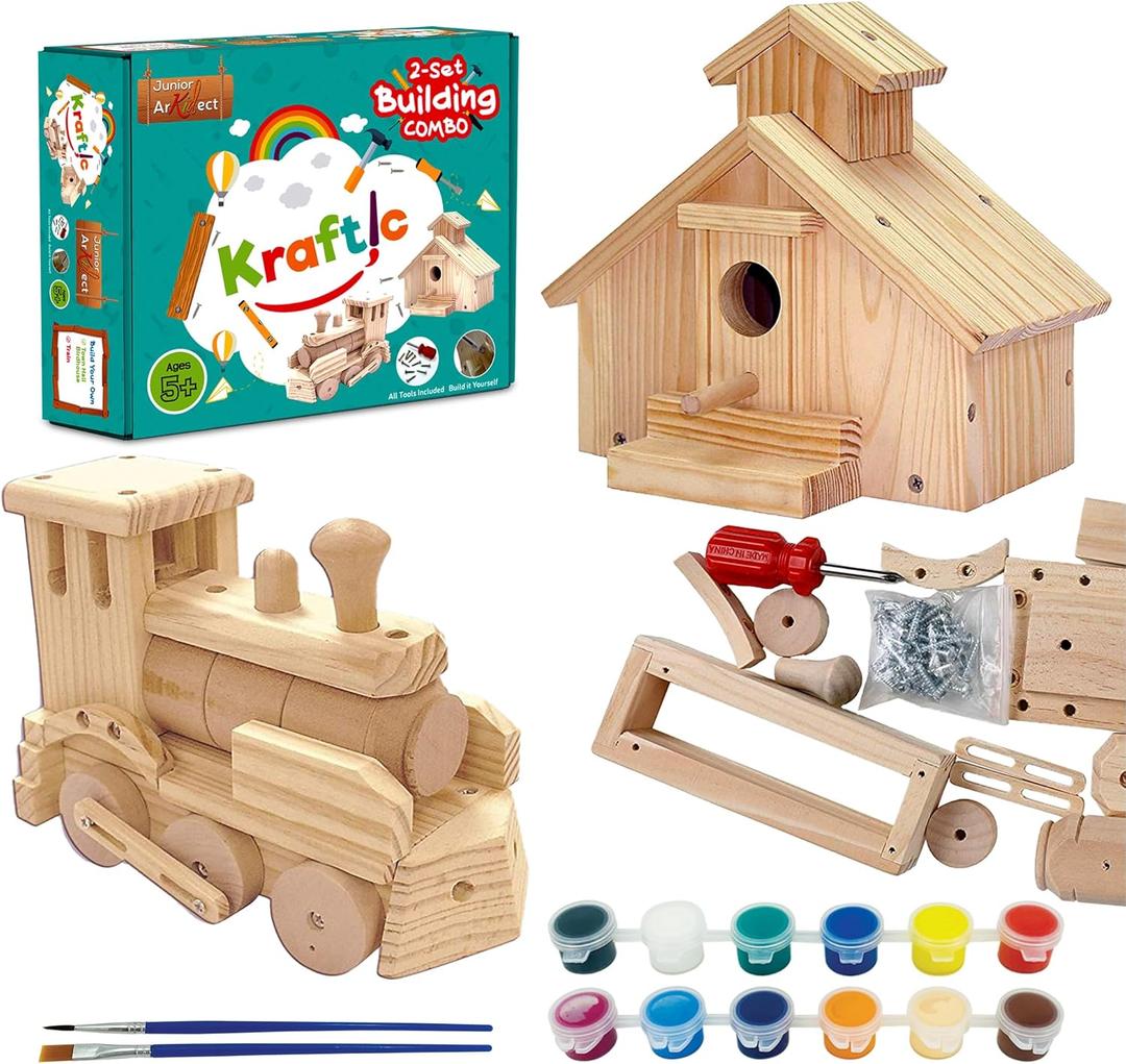 Kraftic Woodworking Building Kit for Kids and Adults, 2 Educational DIY Carpentry Construction Wood Model Kit Toy Projects for Boys and Girls  Build a Wooden Town Hall Birdhouse and Train