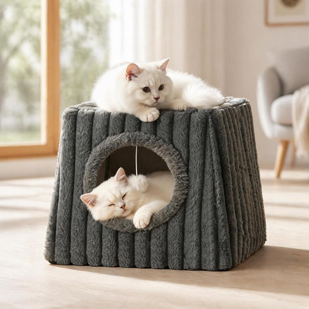 Cat Beds for Indoor, Large Cat House with Fluffy Balls and Scratch Pads, Machine Wash Cat Cave Apartment, Suitable for Multiple Cats, Small Kitten Bed (Deep Grey, Large)