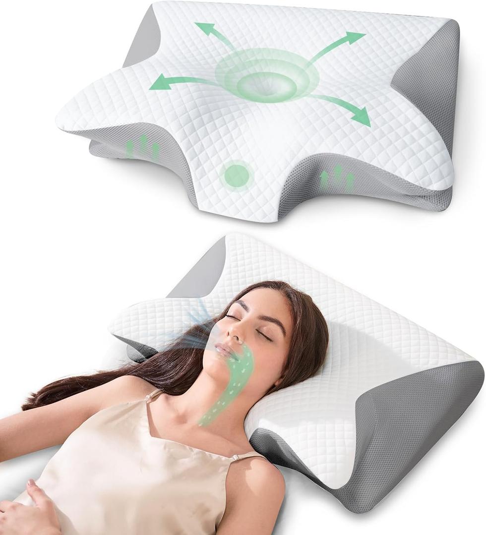 Memory Foam Cervical Pillow, 2-in-1 Ergonomic Neck Support Pillow with Armrest & Ear Hole, Contour Orthopedic Bed Pillow for Pain Relief, Adjustable Height for Side, Back & Stomach Sleepers (Grey)