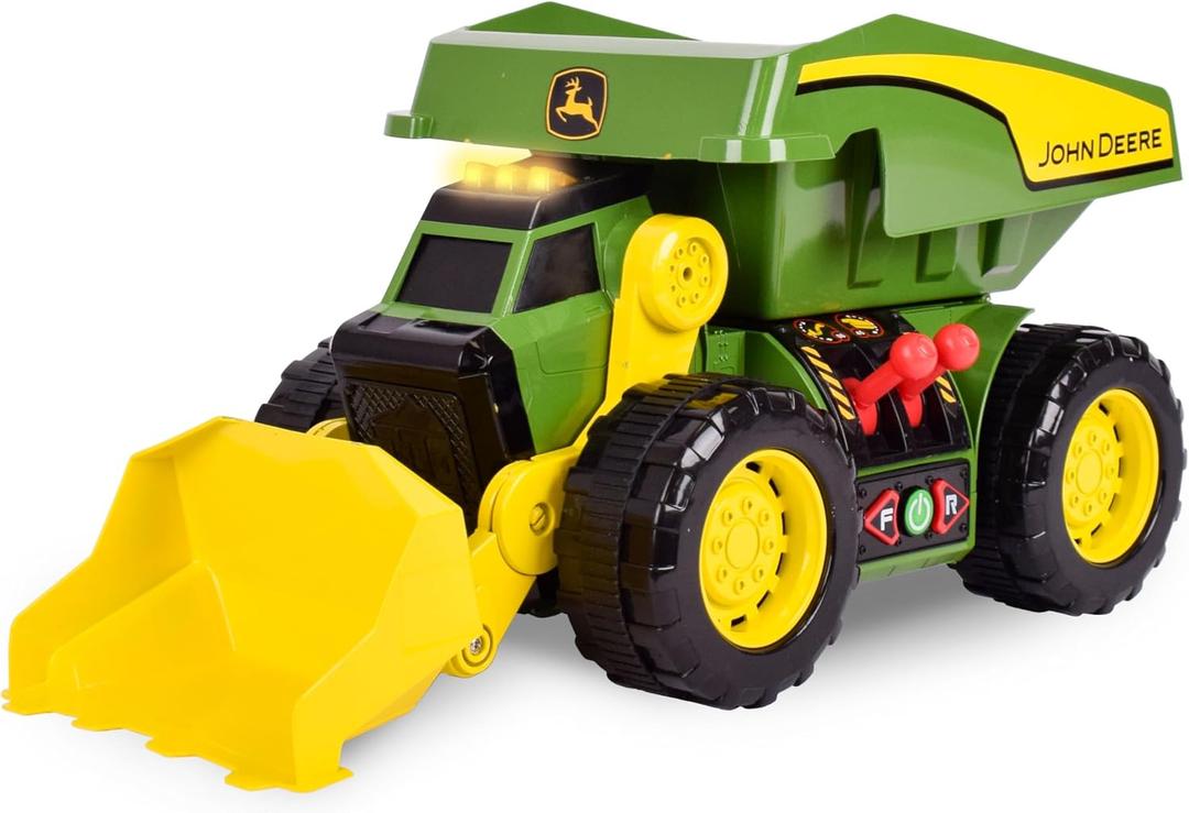 John Deere 18" Motorized Dig Rig: 2-in-1 Toy Dump Truck & Front Loader with Realistic Lights & Sounds, Dual Joystick - Kids 3+, Extra Large
