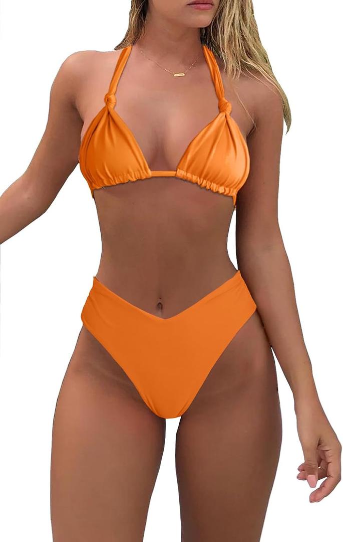 Bikini Sets for Women Sexy Halter Triangle String Bikini Cheeky V Cut High Waisted Thong Swimsuits 2 Piece (Large, Orange)