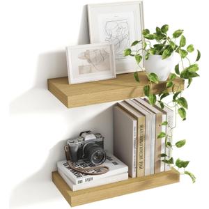 16 Inch Floating Shelves, 8 Inch Deep Floating Shelves for Wall, Hanging Shelf with Invisible Brackets, Deep Shelves for Bathroom, Bedroom, Living Room, Oak, Set of 2