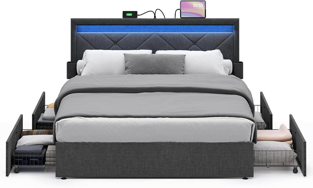 VASAGLE LED Bed Frame Queen Size, Queen Bed with Headboard and 4 Drawers, 1 USB Port and 1 Type C Port, Adjustable Upholstered Headboard 36.7/39.3 Inches, No Box Spring Needed, Dark Gray URMB821G71