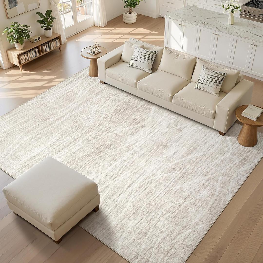 WITSHOCK Washable Rugs 8x10 Modern Area Rugs, Thin Rug for Living Bedroom Dining Room Nursery Kitchen Office, Wave Striped Rugs Indoor Carpet Soft Non Slip Stain Resistant Home Decor, Beige