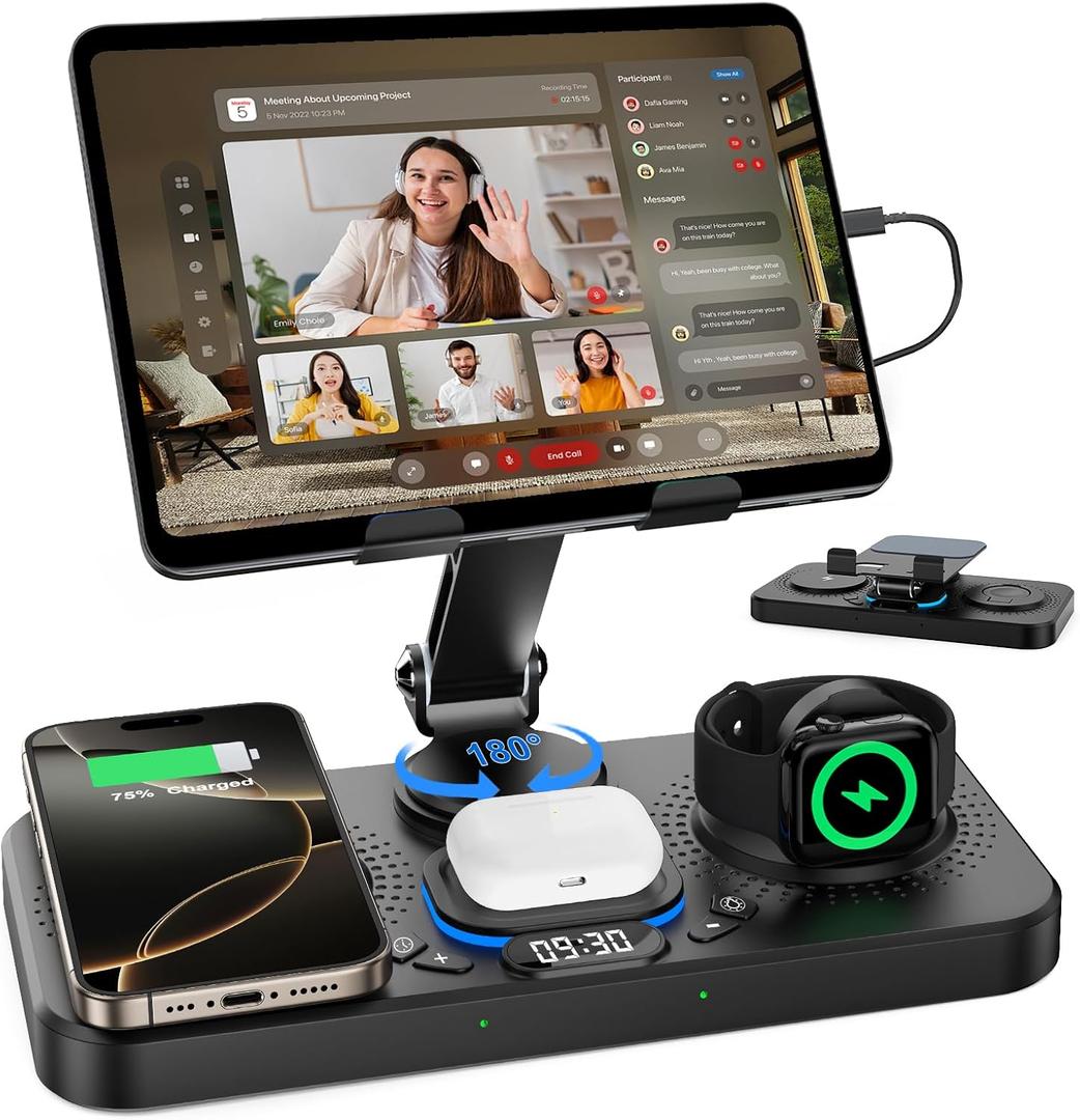 30W Charging Station for Apple Products, Foldable Wireless Charger with Clock Display&7 Color Light, Wired Charging for iPad/Tablet Charging Station for iPhone17, for Apple Watch11 for AirPods4(Black