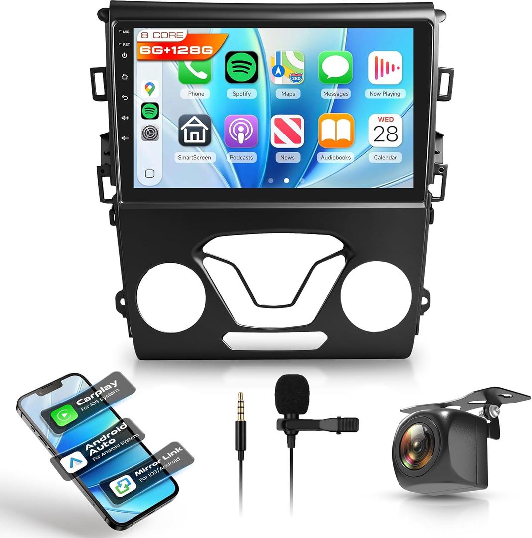 Android Car Stereo for Ford Fusion 2013-2019, 9 Inch Touch Screen, 8-Core 6+128GB, Wireless CarPlay Android Auto, GPS Navigation, DSP, Bluetooth, FM RDS, SWC, Backup Camera