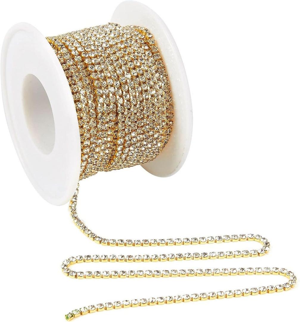 Sustainable Greetings 11 Yards Rhinestone Chain, Gold Trim String for DIY Jewelry Making, Crafts, Shoe Charms (2mm Wide Rhinestone Trim) 2 Pack