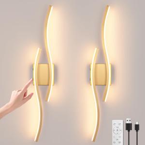 Modern LED Wall Sconce Set of Two, Battery Powered Wall Sconces Set of 2 with Timer, Gold Wall Light with Remote, LED Wall Lamp Indoor not Hardwired for Bathroom Living Room Bedroom Corridor