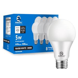 ENERGETIC LIGHTING 40W Equivalent A19 LED Light Bulb, Warm White 3000K, E26 Standard Base, ETL Listed, 5W 450lm Non-Dimmable LED Light Bulb, 8 Packs