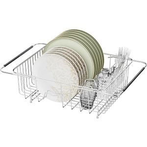 JAQ Over Sink Dish Drying Rack for Medium to Large Sink, Expandable 15.08"22.4", Adjustable 304 Stainless Steel Dish Drainer with Utensil Holder, Large Capacity Holds Up to 13 Plates