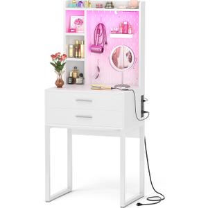 Besiost Small Vanity Desk with Hutch and Drawers, White Makeup Vanity Desk with Charging Station, Vanity Table Dressing Table with LED Lights, Vanity Desk No Mirror with Pegboard for Girls Women, 24"
