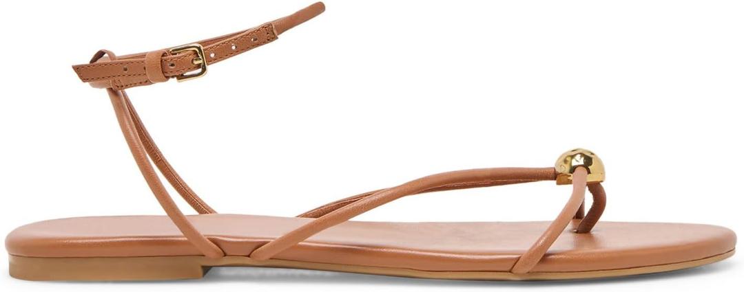 Strappy Flat Sandals for Women Comfortable Open Round Toe Sandals Dressy Beach Thong Flip Flop Slides (8.5, Brown)