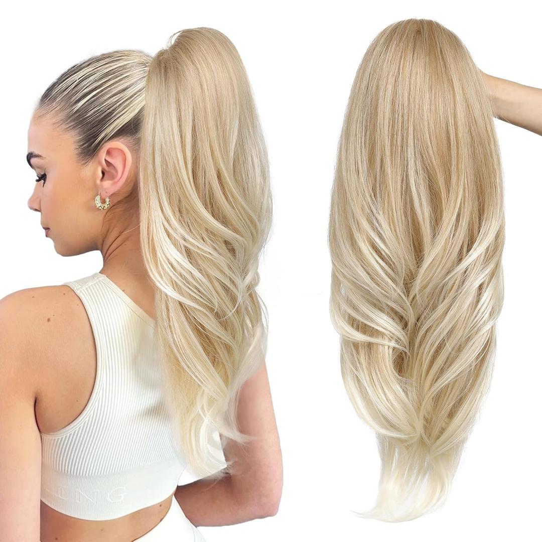 SEIKEA Versatile Drawstring Ponytail Extension, 26" Long Wavy Multi Layered Clip in Ponytail Hair Extensions Stand Up High Fake Pony Tail Soft Natural Synthetic Hairpiece Dark Blonde to Light Blonde