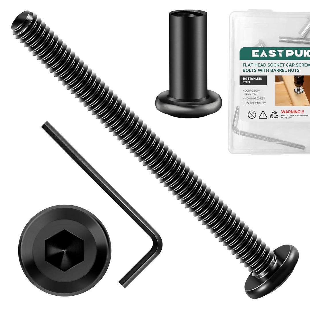 40Pcs 1/4-20 x 3 Flat Socket Head Cap Screws Bolts Barrel Nuts Kit, 304 Stainless Steel 18-8 Furniture Bolts Screws and Nuts, Black Oxided