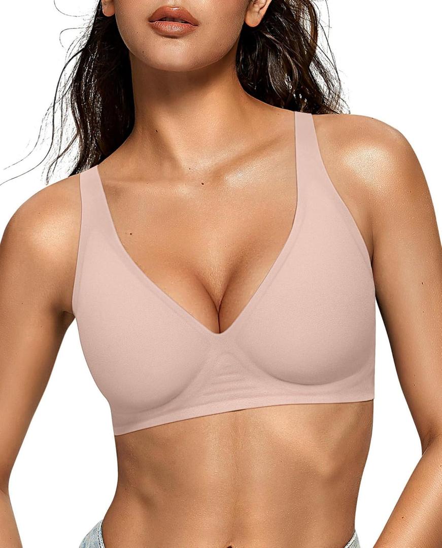 OEAK Womens Deep V Bras Wireless Comfortable Bra Supportive No Underwire Bras T-shirt Push Up Bralettes Plunge Seamless Bra (Large, Nude)