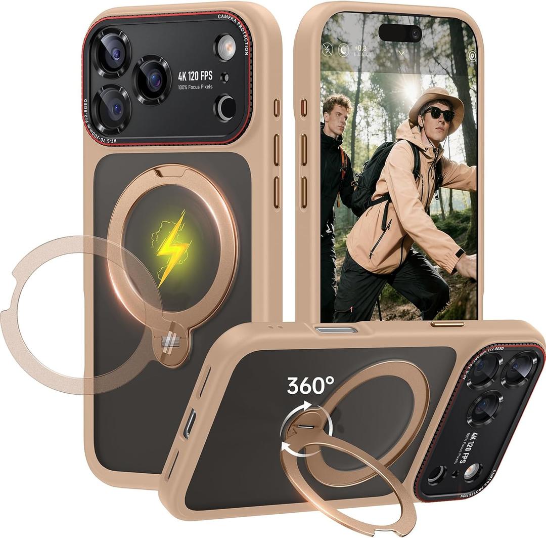for iPhone 17 Pro Case: 360 Spin Magnetic Stand, Camera Protection (Compatible with MagSafe) [18FT Military Protection] Shockproof Matte Translucent Phone Cover for iPhone 17 Pro 6.3", Gold
