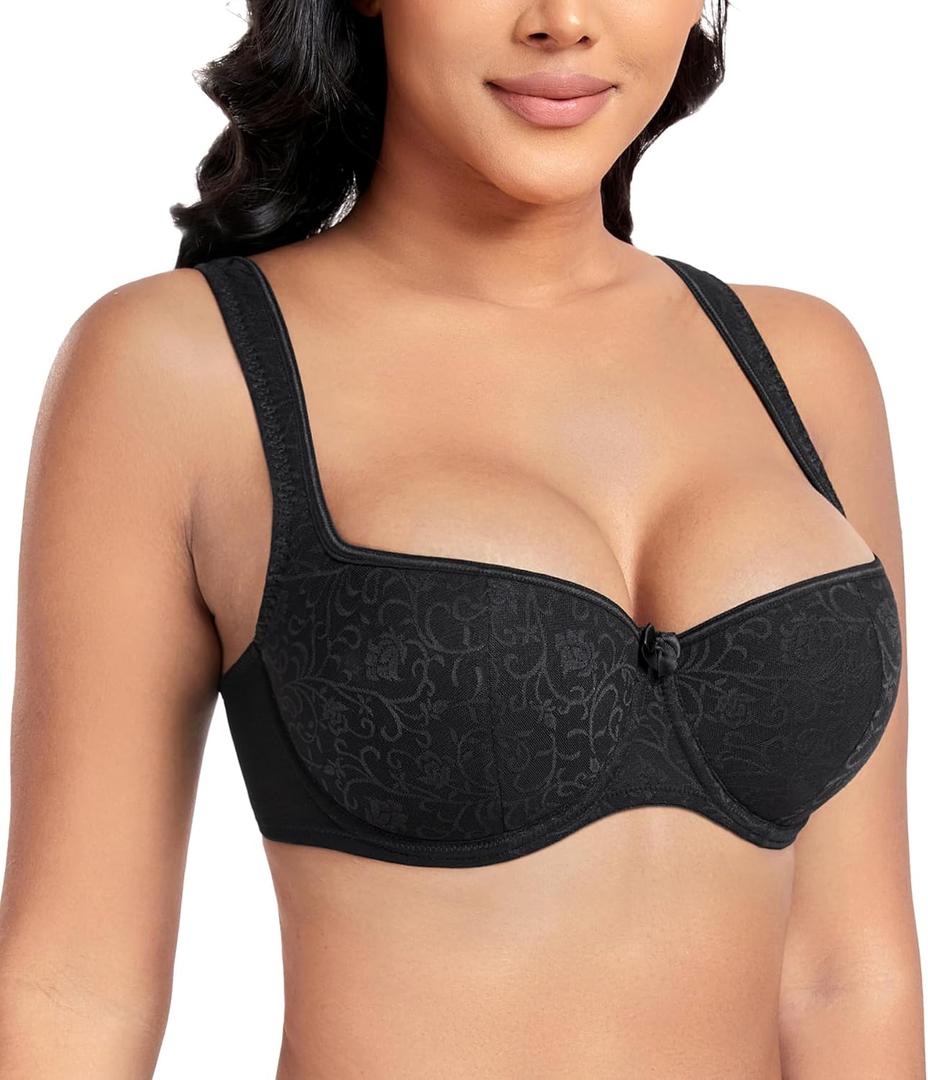 DotVol Women's Plus Size Wide Straps Lace Demi Underwire Lightly Padded Balconette Bra (36DD, Black)