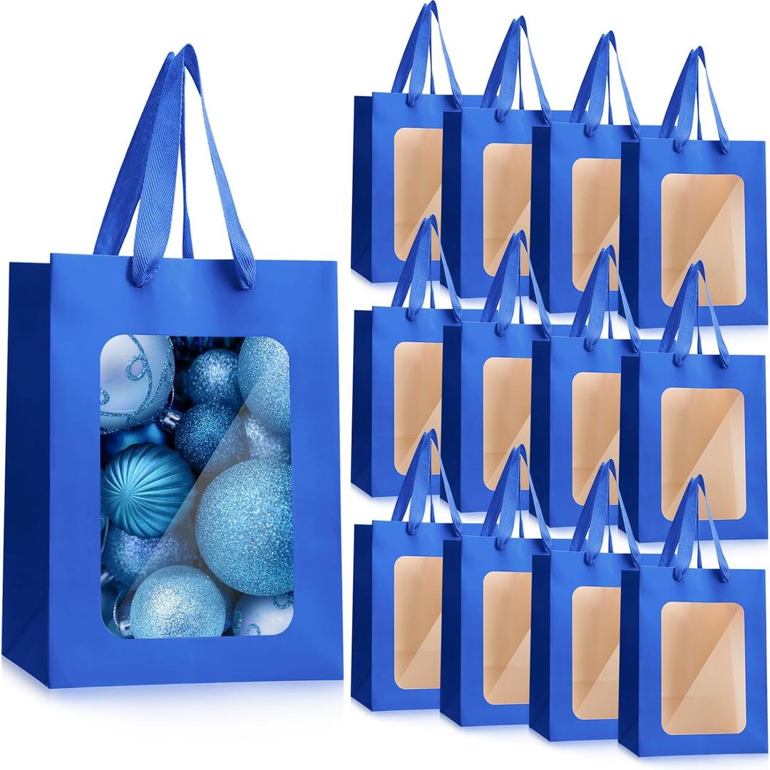 Reginary 50 Pcs Paper Gift Bags with Transparent Window Clear Gift Bag 9.8 x 7.1 x 5.1 Flower Bouquet Bag with Handle Shopping Tote for Graduation Bridesmaid Present Wedding Party Festival(Blue)