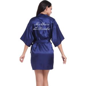 Women's Satin Robes with Rhinestones Bride Bridesmaid Short Sleepwear Wedding Party Dressing Gown, M Navy
