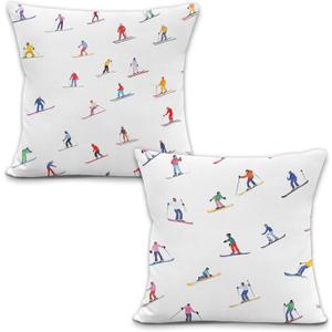 Vintage Winter Ski Throw Pillow Covers, Winter Home Decor, Snowy Mountain Landscape Skiing Decorative Pillowcases Cushion Cases for Bedroom Living Room Decor, 18x18 Pillow Covers Set of 2