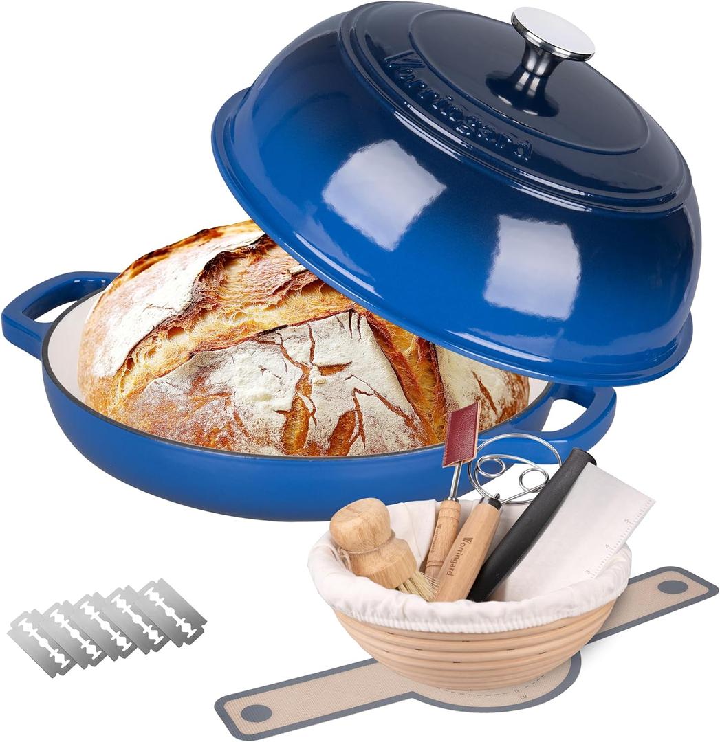 QuliMetal Dutch Oven Bread Baking 5QT Enamel cast iron Oven with Sourdough BreadBaking Supplies like Bread Proofing Basket, Scoring Lame, Dough Whisk for Sour dough, Breadmaking Blue