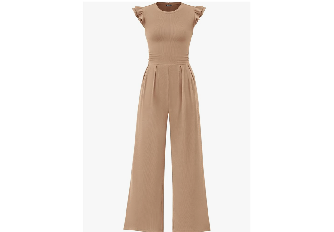 PRETTYGARDEN Summer Jumpsuits for Women Dressy 2025 Fashion Ruffle Cap Sleeve Romper Crew Neck Rib Knit One Piece Outfits L