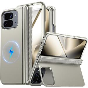 CENMASO Magnetic for Google Pixel 10 Pro Fold Case with Kickstand, Hinge Protection, Hidden Kickstand, Screen Protector, Slim Shockproof Phone Case for Pixel 10 Pro Fold (Natural Titanium)