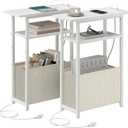 Narrow Side Table with Charging Station Set of 2, Small End Table for Small Spaces, Skinny Nightstands Set 2 with Storage Basket, 3 Tier Sofa Bedside Tables for Living Room,Bedroom, White (Power(19.6"Dx7.9"Wx25.2"H))