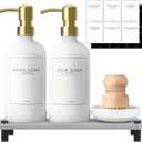 Kitchen Soap Dispenser Set with Instant Dry Tray,16 Oz Hand and Dish Soap White Glass Dispenser Set,Stainless Steel Pump,Waterproof Labels&Dish Brush,Luxury Soap Bottle for Kitchen,Bathroom