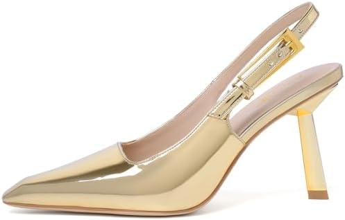 RIBONGZ Slingback Heels for Women Kitten Heels Closed Pointed Toe Ankle Strap Low Heeled Sexy Pumps Wedding Bride Guest Party Evening Prom Formal Herls Dressy Shoes Size7