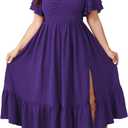 SCOMCHIC Womens Plus Size Wedding Guest Cocktail Dresses Sweetheart Neckline Short Sleeve Smocked Ruffle Slit Maxi Dress (Purple, XXXL)