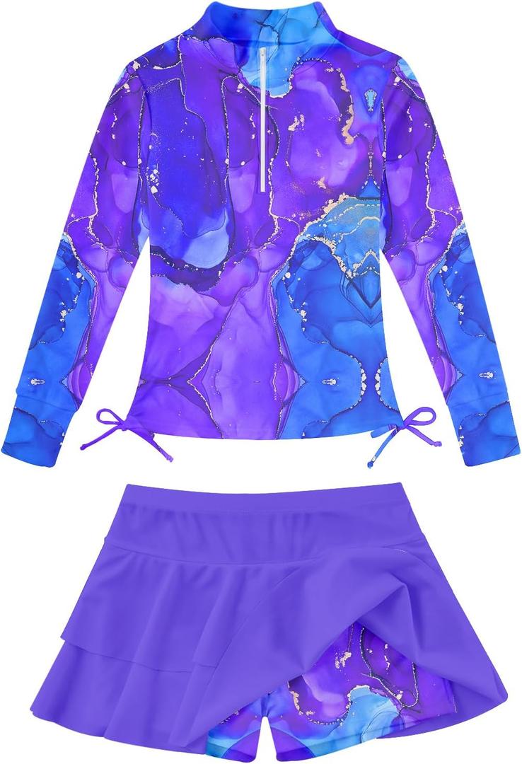 Vogseek Girls Rash Guard 2 Pieces Bathing Suit Long Sleeve Swimsuit Swimming Skirt with Shorts Swimwear (5-6 Years)